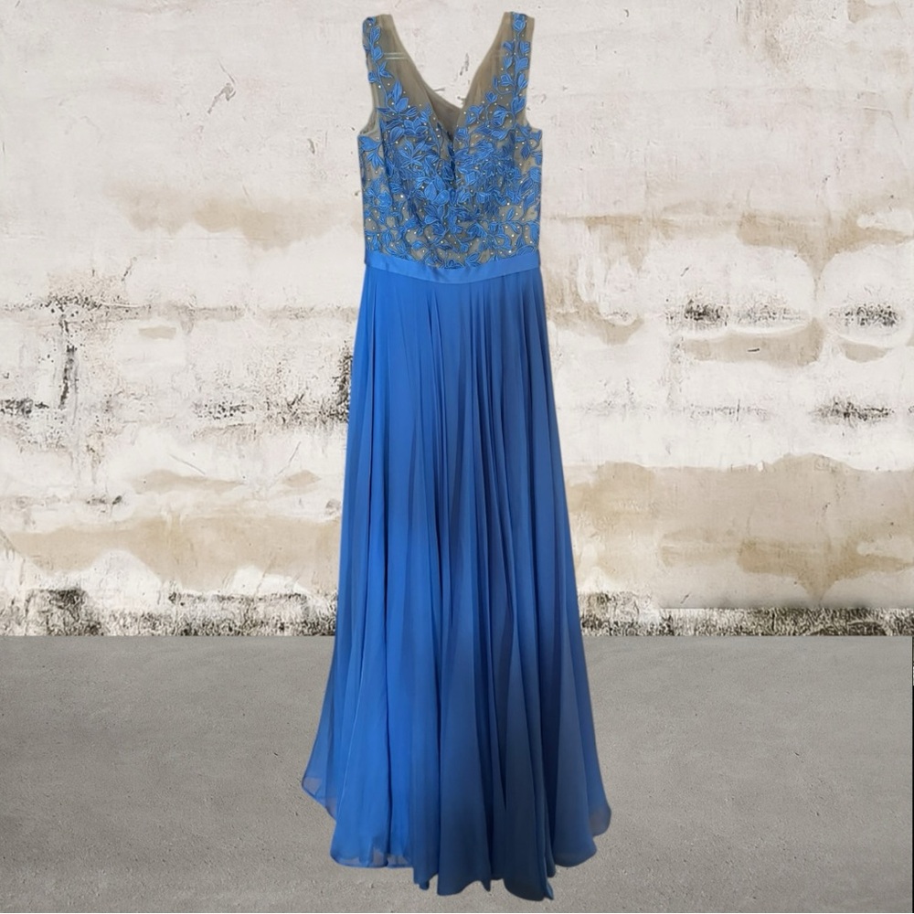 Sherri Hill Blue Sleeveless V-Neck Gown